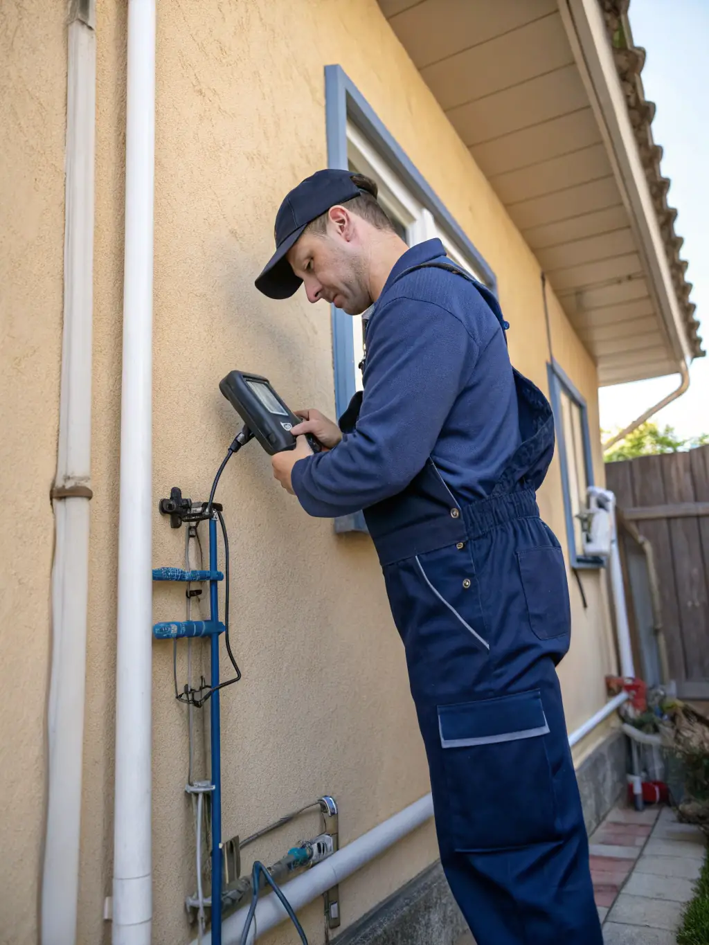 A technician using advanced leak detection equipment in a modern home, demonstrating our specialized services and expertise.