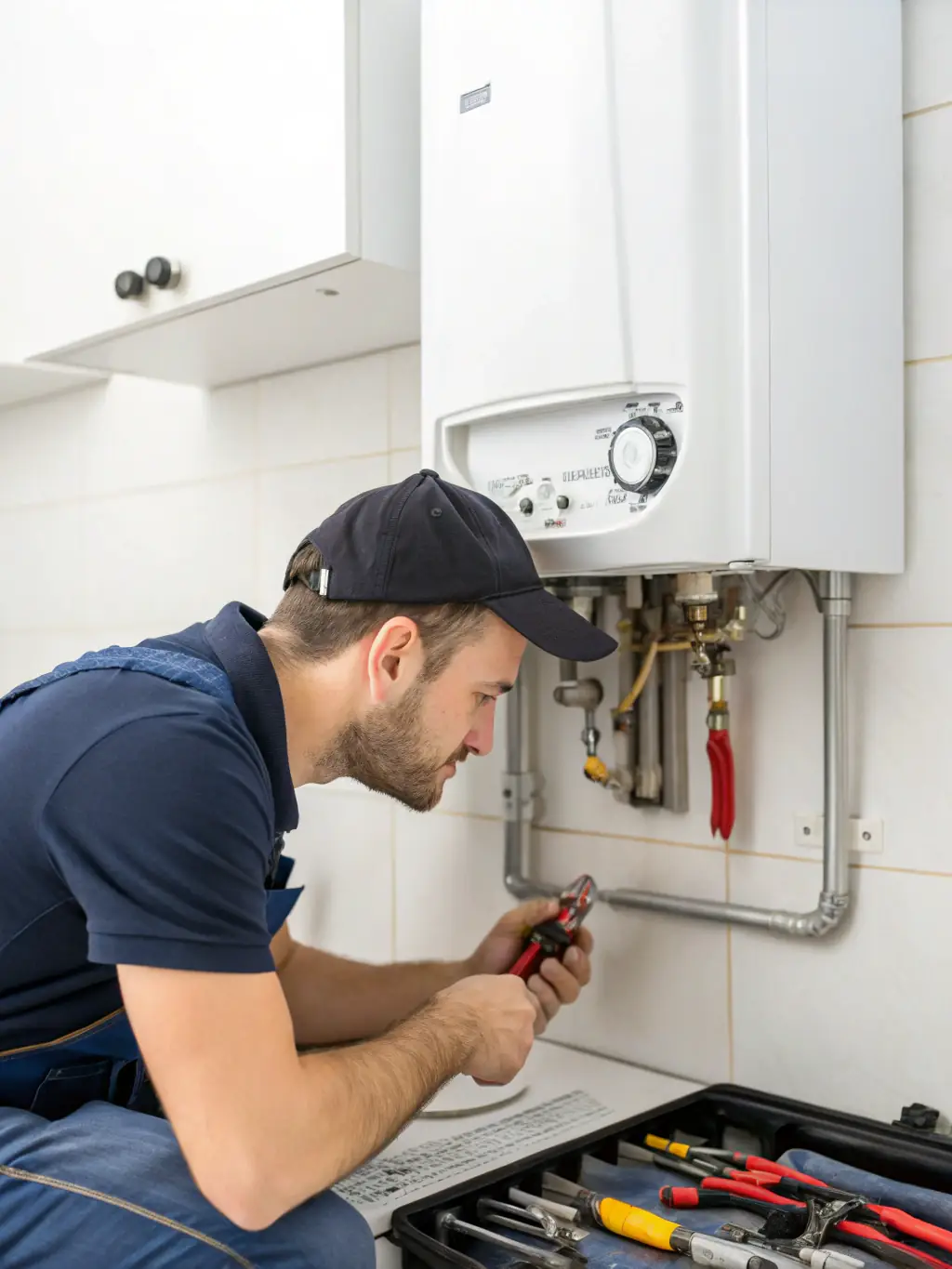A photo of a certified repairservices technician expertly repairing a boiler, showcasing our expertise in hot water and heating solutions.