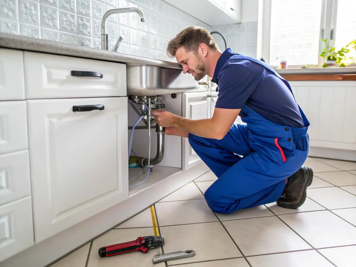 A plumber in Murcia repairing a visible water leak under a sink, showcasing the cleanliness and efficiency of the repair process.