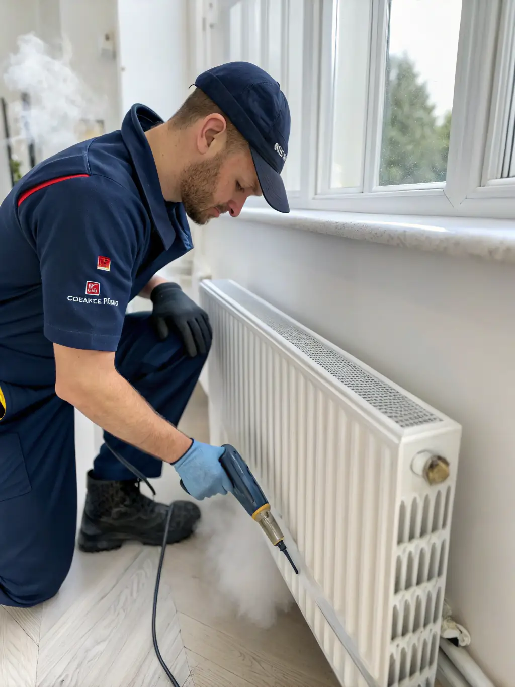 A technician performing a system purge on an underfloor heating system, ensuring optimal performance and longevity.