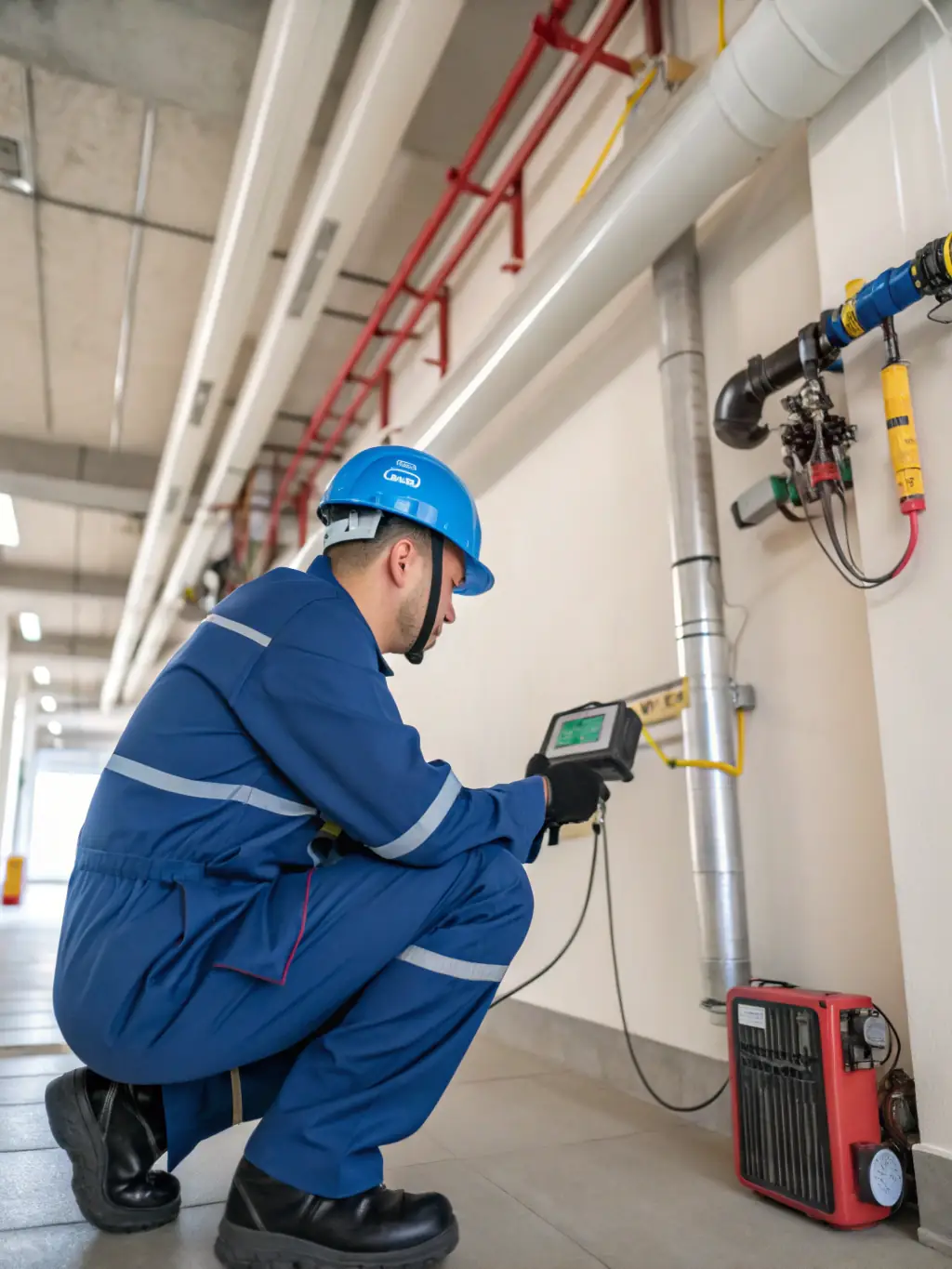 A technician injecting tracer gas into plumbing to detect leaks, with gas detector in hand, in a commercial building in Cartagena.