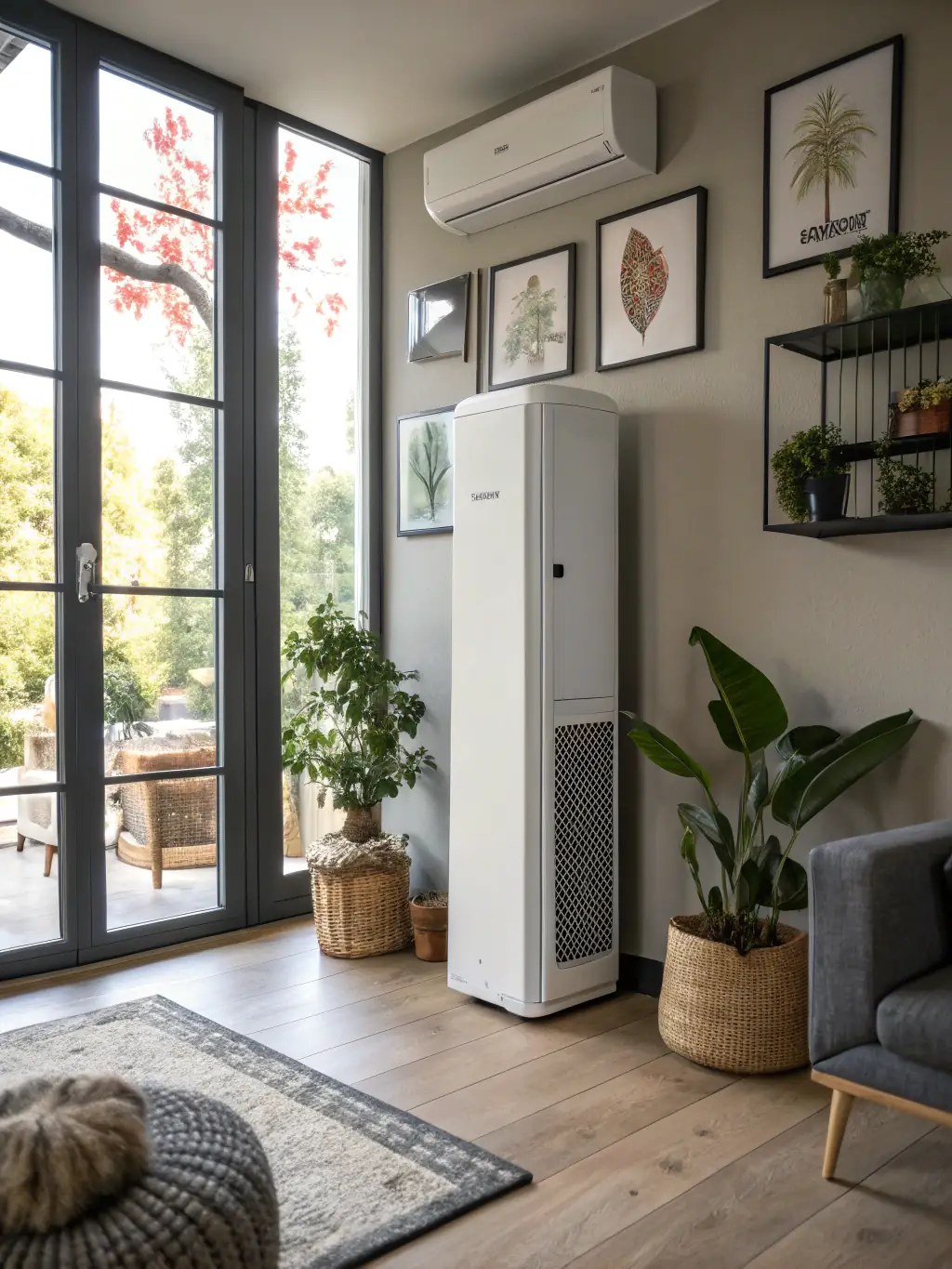 A close-up of an energy-efficient heat pump connected to an underfloor heating system, emphasizing the cost savings.