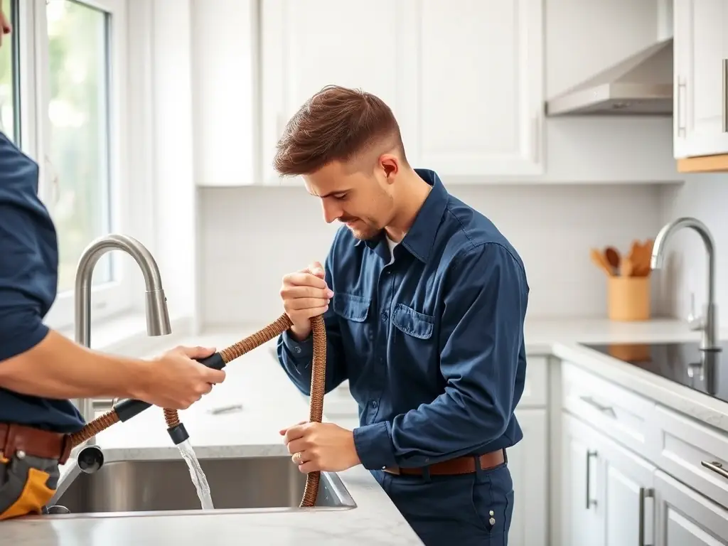 A plumber in Cartagena unclogging a kitchen sink, emphasizing the speed and cleanliness of the service in a residential setting.