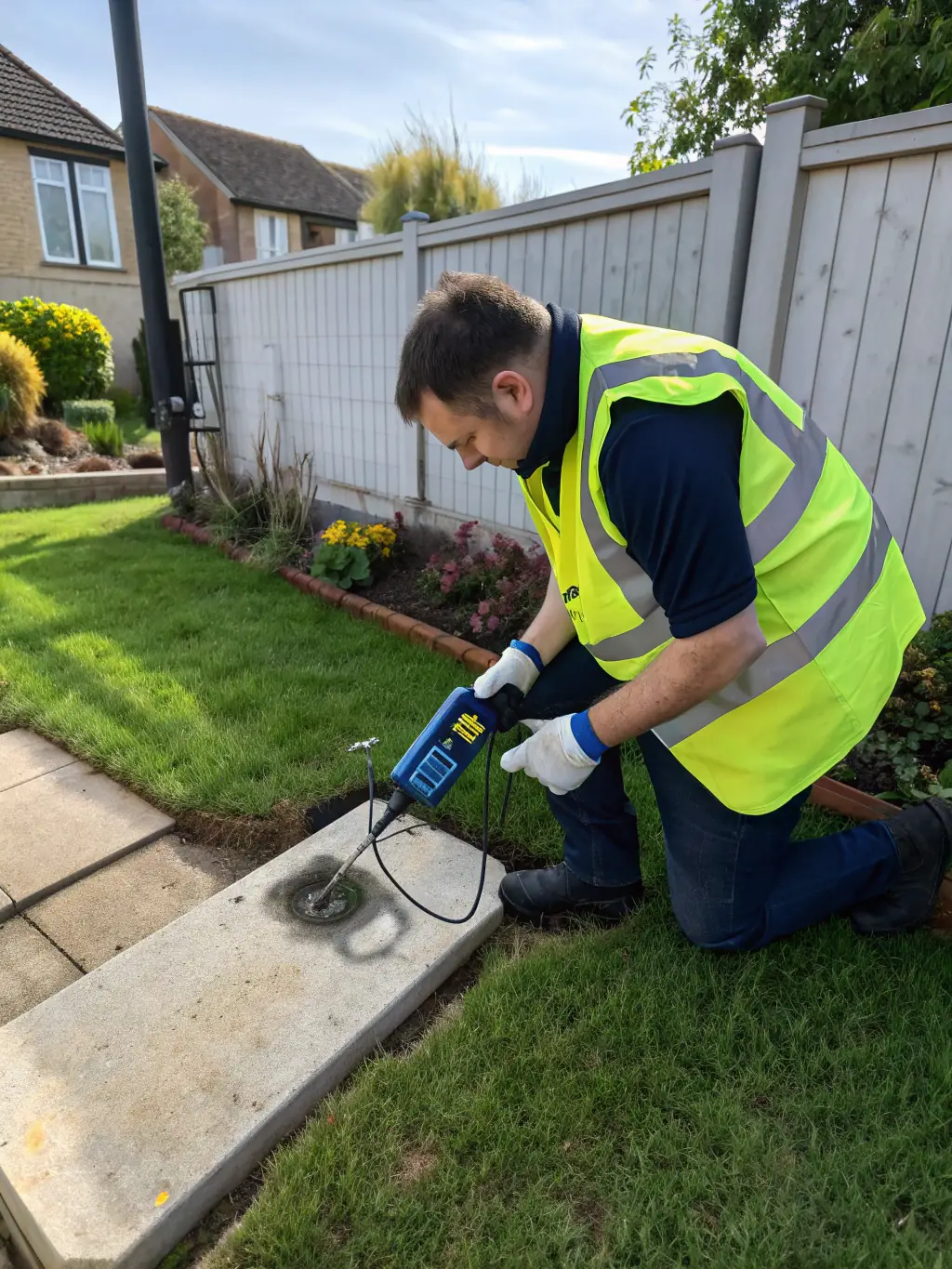 A plumber using a geophone to listen for the sound of a leak under a concrete slab in a residential property in Torrevieja.
