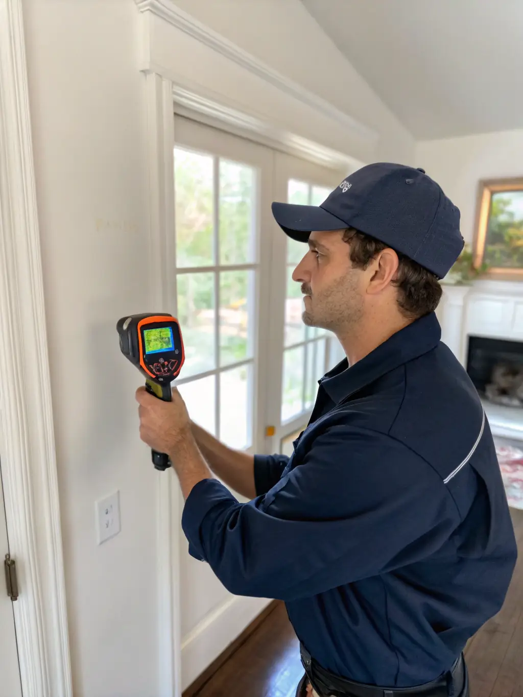 A technician using a thermal imaging camera to detect temperature differences in a wall, indicating a hidden water leak in a home in Alicante.