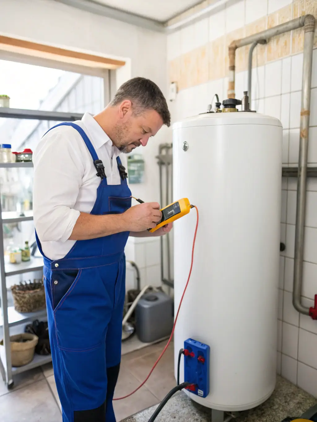 A technician expertly repairing a Junkers boiler in a residential setting in Alicante, showcasing the precision and care taken during the repair process.