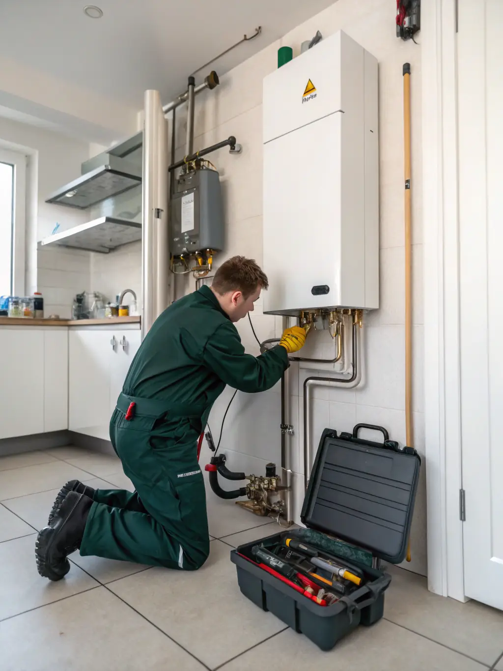 A professional technician inspecting underfloor heating manifolds in a modern home in Alicante, Spain, showcasing attention to detail.
