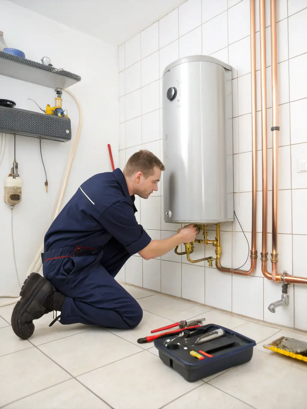 A Vaillant water heater being serviced by a plumber in a modern apartment in Benidorm, highlighting the company's expertise with Vaillant products.