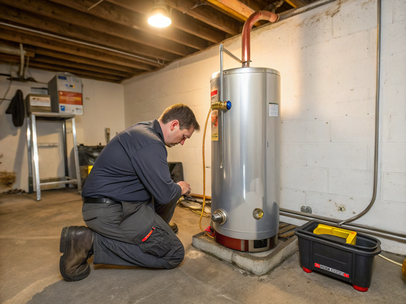 Técnico reparando un termo en una vivienda