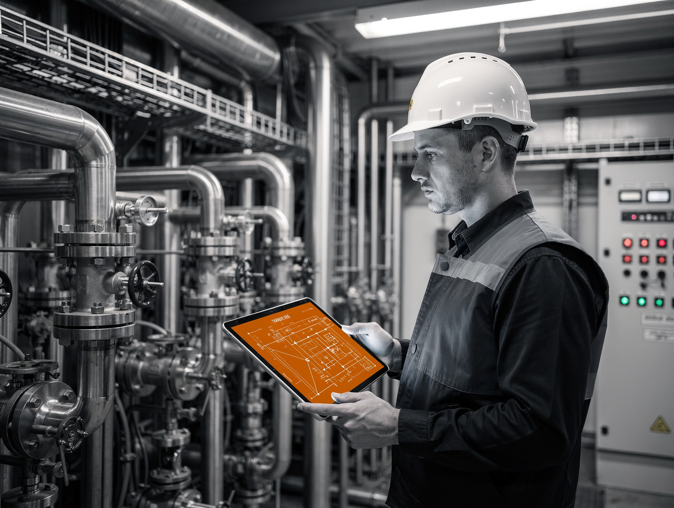 Técnico de ingeniería realizando auditoría de eficiencia energética en instalaciones industriales