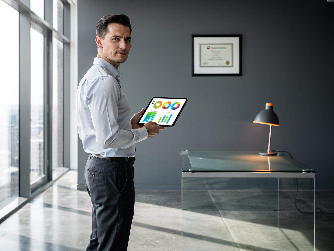 Técnico de ingeniería analizando datos de eficiencia energética en una tablet