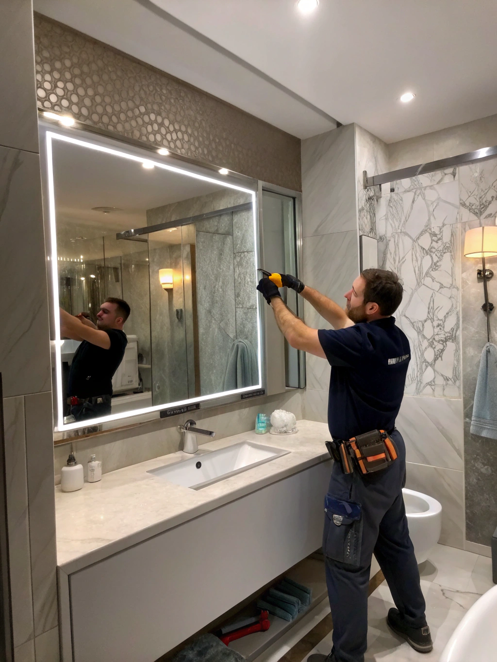 Reforma de baño moderna con plato de ducha y acabados premium