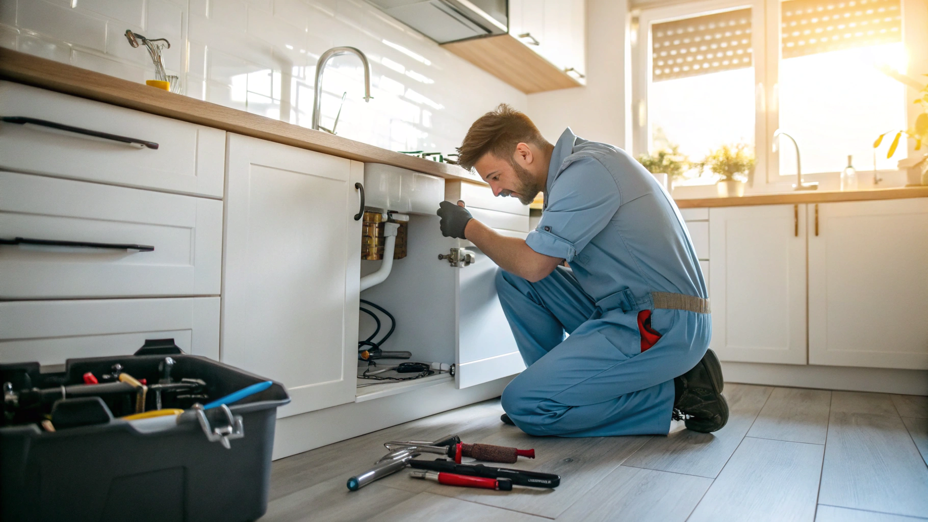 Técnico profesional reparando una fuga de agua bajo un fregadero en una vivienda