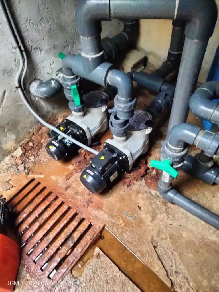 Pool plant room with pumps, sand filter and valves